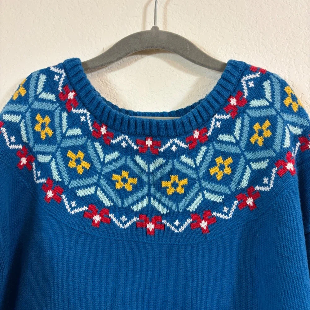 Hanna Andersson Sweater Kids 140 9-10yr Blue Fair Isle Nordic Cotton Pullover